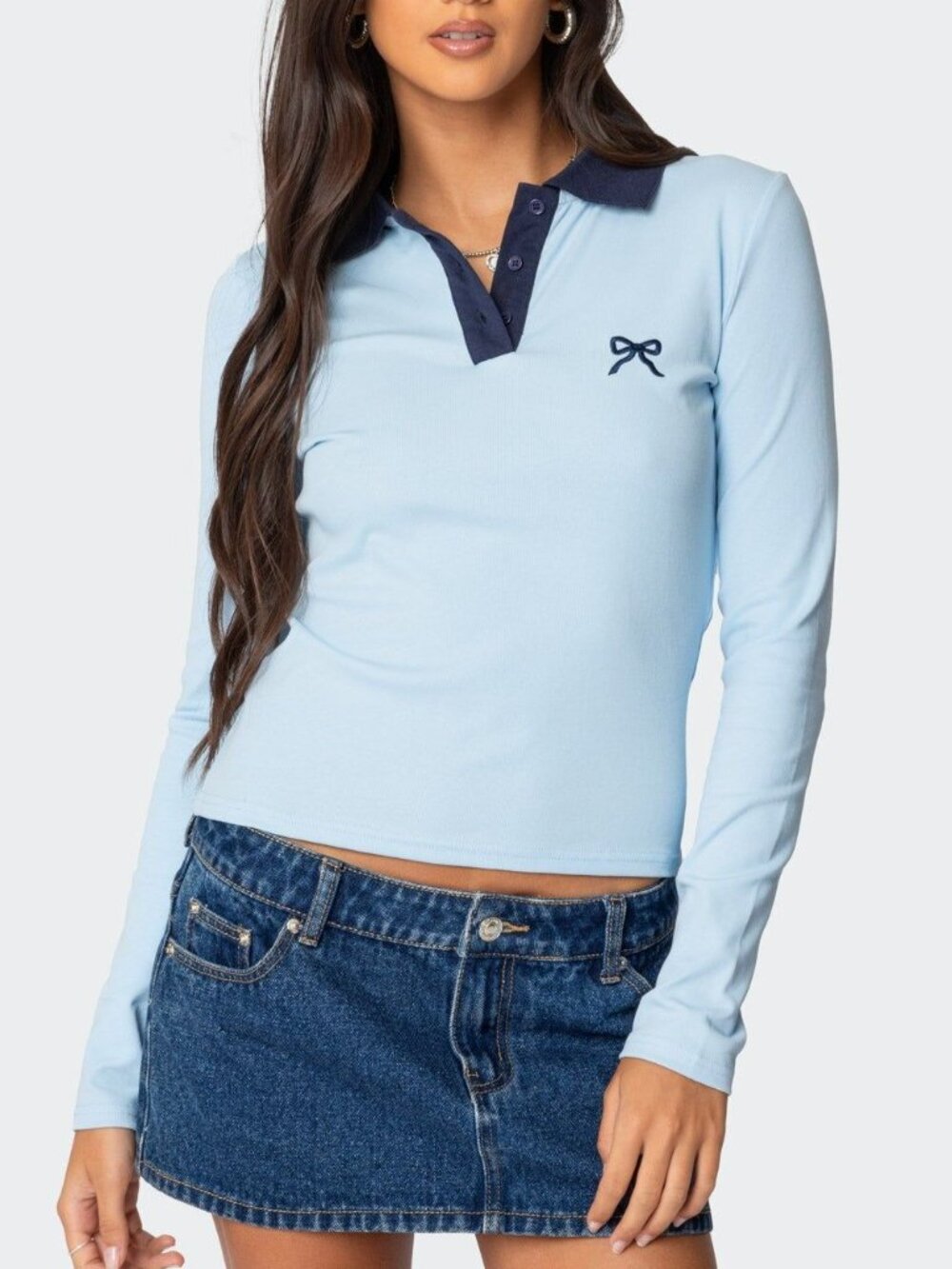 Edikted Light Blue Bow Embroidered Long Sleeve Polo Top XS